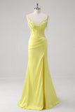 Yellow Mermaid Corset Spaghetti Straps Long Formal Dress With Slit