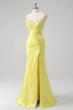 Yellow Mermaid Corset Spaghetti Straps Long Formal Dress With Slit