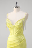 Yellow Mermaid Corset Spaghetti Straps Long Formal Dress With Slit