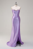 Sparkly Lilac Mermaid Strapless Corset Sequin Satin Long Formal Dress with Slit