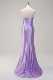 Sparkly Lilac Mermaid Strapless Corset Sequin Satin Long Formal Dress with Slit