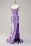 Sparkly Lilac Mermaid Strapless Corset Sequin Satin Long Formal Dress with Slit