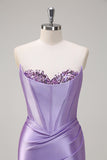 Sparkly Lilac Mermaid Strapless Corset Sequin Satin Long Formal Dress with Slit