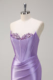 Sparkly Lilac Mermaid Strapless Corset Sequin Satin Long Formal Dress with Slit