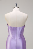 Sparkly Lilac Mermaid Strapless Corset Sequin Satin Long Formal Dress with Slit