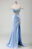 Sky Blue Mermaid Off The Shoulder Corset Long Formal Dress With Slit