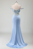 Sky Blue Mermaid Off The Shoulder Corset Long Formal Dress With Slit