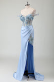 Sky Blue Mermaid Off The Shoulder Corset Long Formal Dress With Slit