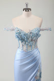 Sky Blue Mermaid Off The Shoulder Corset Long Formal Dress With Slit