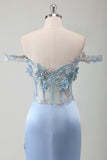 Sky Blue Mermaid Off The Shoulder Corset Long Formal Dress With Slit