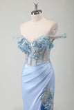 Sky Blue Mermaid Off The Shoulder Corset Long Formal Dress With Slit