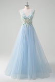 Light Blue Deep V-Neck Tulle A-Line Long Formal Dress with 3D Flowers