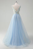 Light Blue Deep V-Neck Tulle A-Line Long Formal Dress with 3D Flowers