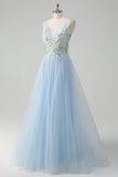 Light Blue Deep V-Neck Tulle A-Line Long Formal Dress with 3D Flowers