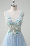 Light Blue Deep V-Neck Tulle A-Line Long Formal Dress with 3D Flowers