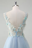 Light Blue Deep V-Neck Tulle A-Line Long Formal Dress with 3D Flowers