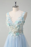 Light Blue Deep V-Neck Tulle A-Line Long Formal Dress with 3D Flowers