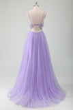 Purple Tulle A-Line Spaghetti Straps Open Back Long Formal Dress with Appliques