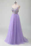 Purple Tulle A-Line Spaghetti Straps Open Back Long Formal Dress with Appliques