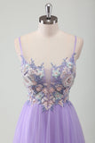 Purple Tulle A-Line Spaghetti Straps Open Back Long Formal Dress with Appliques