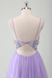 Purple Tulle A-Line Spaghetti Straps Open Back Long Formal Dress with Appliques