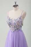 Purple Tulle A-Line Spaghetti Straps Open Back Long Formal Dress with Appliques