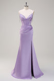 Lilac Mermaid Spaghetti Straps Ruched Corset Long Formal Dress With Beading