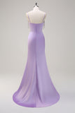 Lilac Mermaid Spaghetti Straps Ruched Corset Long Formal Dress With Beading