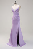 Lilac Mermaid Spaghetti Straps Ruched Corset Long Formal Dress With Beading