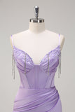 Lilac Mermaid Spaghetti Straps Ruched Corset Long Formal Dress With Beading