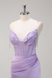 Lilac Mermaid Spaghetti Straps Ruched Corset Long Formal Dress With Beading