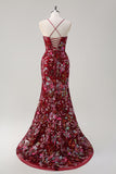 Sparkly Burgundy Mermaid Long Sequin Floral Formal Dress with Slit