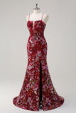 Sparkly Burgundy Mermaid Long Sequin Floral Formal Dress with Slit