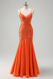 Orange Mermaid Spaghetti Straps Beaded Long Formal Dress