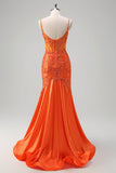 Orange Mermaid Corset Spaghetti Straps Beaded Long Formal Dress