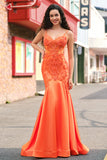 Orange Mermaid Corset Spaghetti Straps Beaded Long Formal Dress