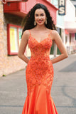 Orange Mermaid Corset Spaghetti Straps Beaded Long Formal Dress