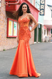 Orange Mermaid Corset Spaghetti Straps Beaded Long Formal Dress