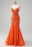 Orange Mermaid Spaghetti Straps Beaded Long Formal Dress