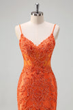 Orange Mermaid Spaghetti Straps Beaded Long Formal Dress