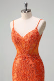 Orange Mermaid Spaghetti Straps Beaded Long Formal Dress