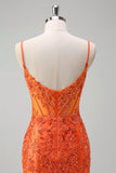 Orange Mermaid Spaghetti Straps Beaded Long Formal Dress