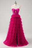 Fuchsia Sweetheart Keyhole Tiered Tulle Long Formal Dresses with Slit