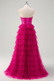 Fuchsia Sweetheart Keyhole Tiered Tulle Long Formal Dresses with Slit