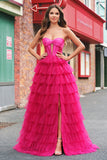 Fuchsia Princess Strapless Cut Out Tiered Tulle Long Formal Dresses