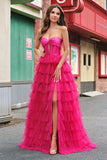 Fuchsia Princess Strapless Cut Out Tiered Tulle Long Formal Dresses