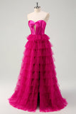 Fuchsia Sweetheart Keyhole Tiered Tulle Long Formal Dresses with Slit