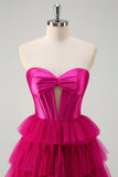 Fuchsia Sweetheart Keyhole Tiered Tulle Long Formal Dresses with Slit