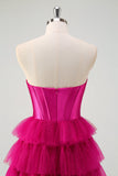 Fuchsia Sweetheart Keyhole Tiered Tulle Long Formal Dresses with Slit