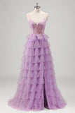 Sparkly A Line Tiered Lilac Sequins Formal Dress with Slit